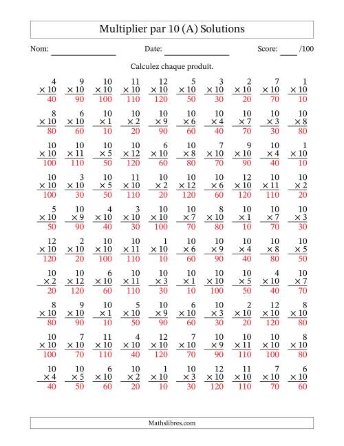 Multiplier (1 à 12) par 10 (100 Questions) (A) page 2