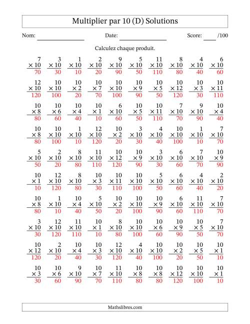 Multiplier (1 à 12) par 10 (100 Questions) (D) page 2