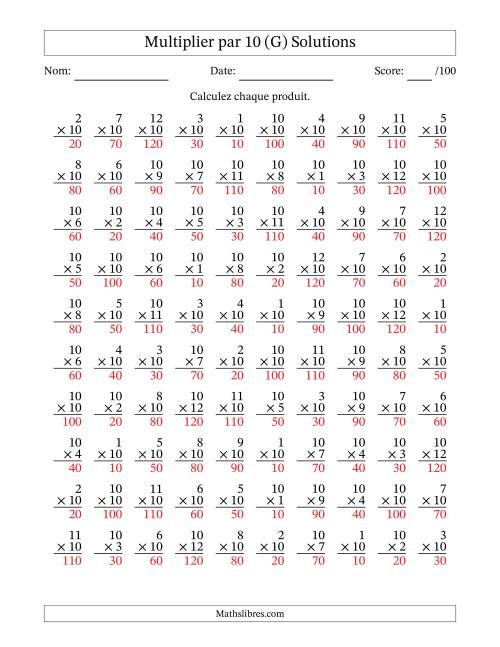 Multiplier (1 à 12) par 10 (100 Questions) (G) page 2