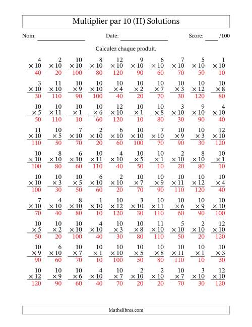 Multiplier (1 à 12) par 10 (100 Questions) (H) page 2