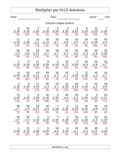Multiplier (1 à 12) par 10 (100 Questions) (J) page 2