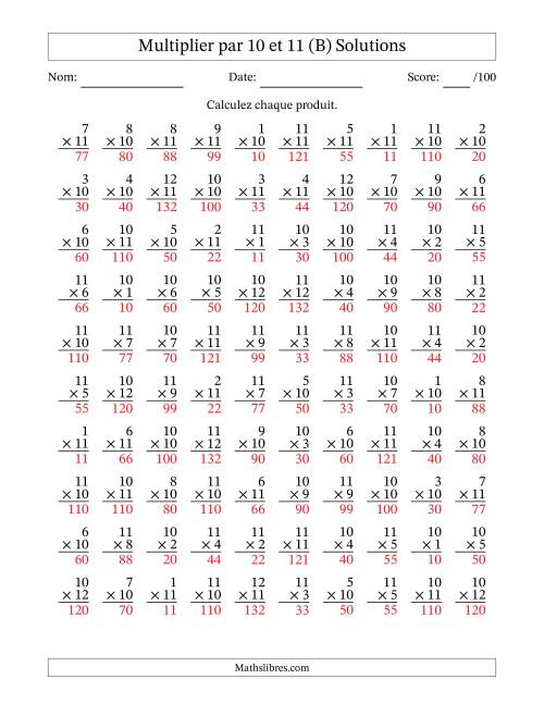 Multiplier (1 à 12) par 10 et 11 (100 Questions) (B) page 2
