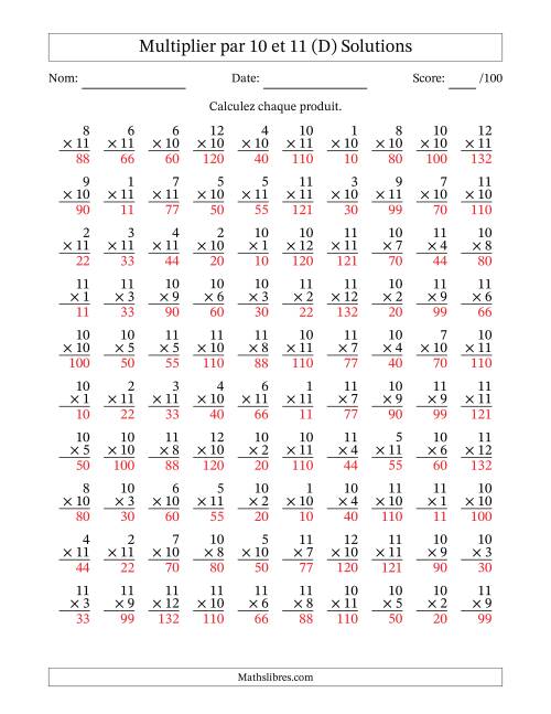 Multiplier (1 à 12) par 10 et 11 (100 Questions) (D) page 2