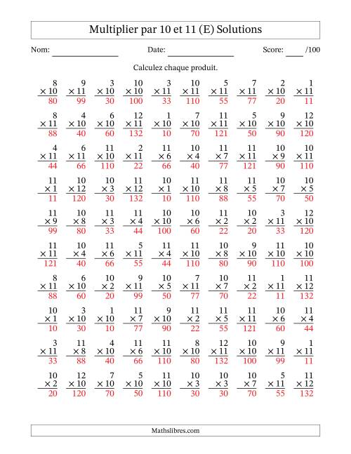 Multiplier (1 à 12) par 10 et 11 (100 Questions) (E) page 2