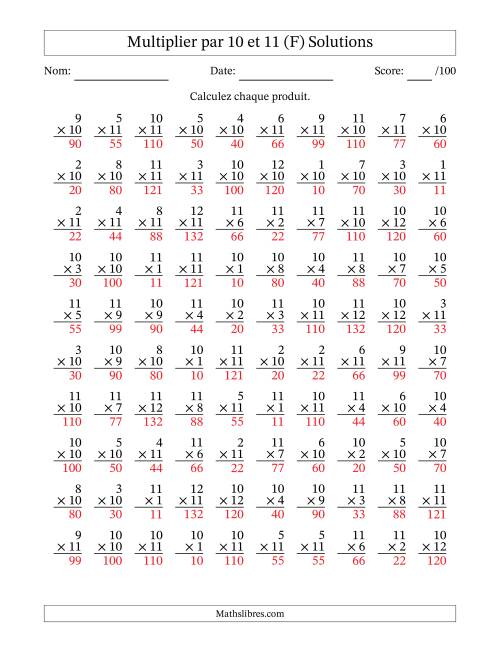 Multiplier (1 à 12) par 10 et 11 (100 Questions) (F) page 2