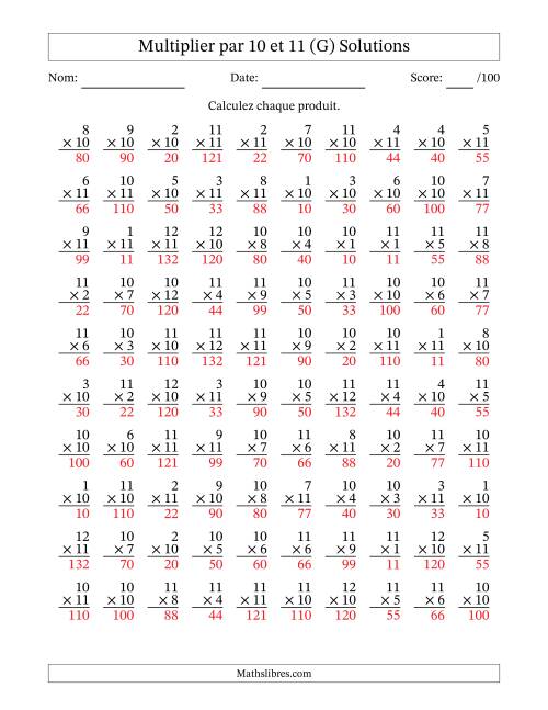 Multiplier (1 à 12) par 10 et 11 (100 Questions) (G) page 2