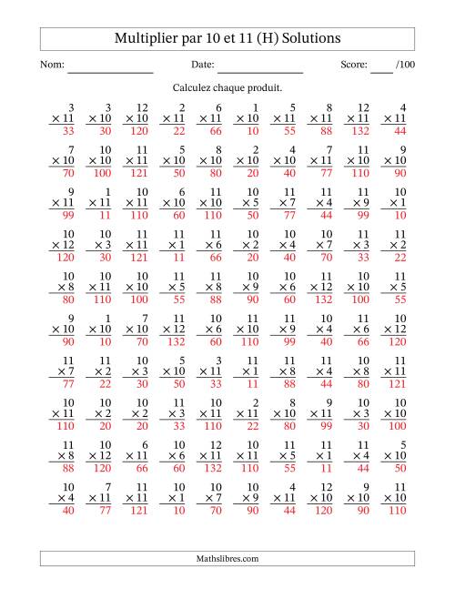 Multiplier (1 à 12) par 10 et 11 (100 Questions) (H) page 2