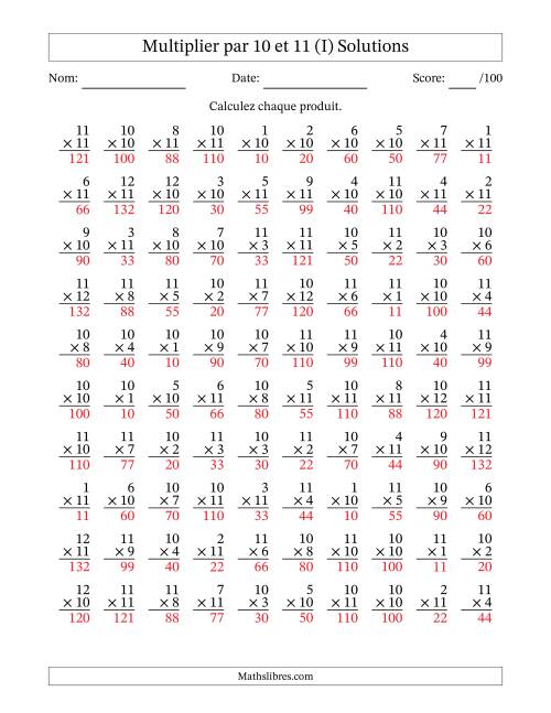 Multiplier (1 à 12) par 10 et 11 (100 Questions) (I) page 2