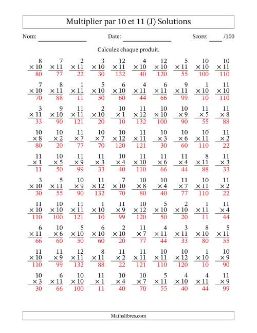 Multiplier (1 à 12) par 10 et 11 (100 Questions) (J) page 2