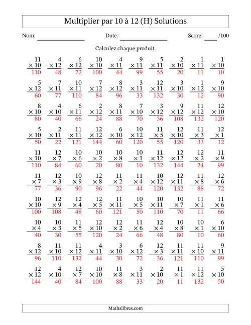 Multiplier (1 à 12) par 10 à 12 (100 Questions) (H) page 2