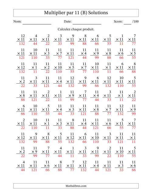 Multiplier (1 à 12) par 11 (100 Questions) (B) page 2
