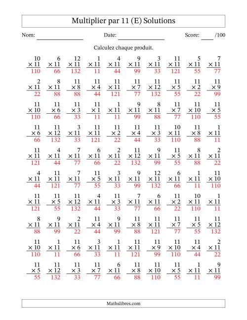 Multiplier (1 à 12) par 11 (100 Questions) (E) page 2