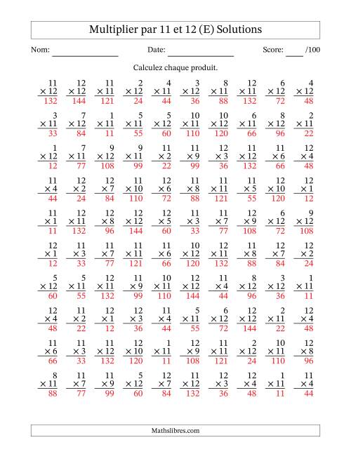 Multiplier (1 à 12) par 11 et 12 (100 Questions) (E) page 2