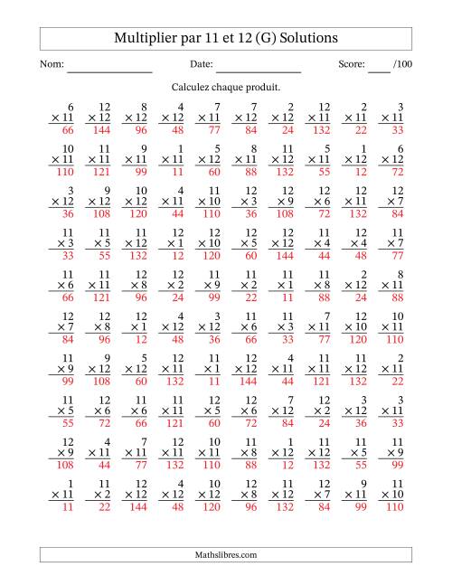 Multiplier (1 à 12) par 11 et 12 (100 Questions) (G) page 2
