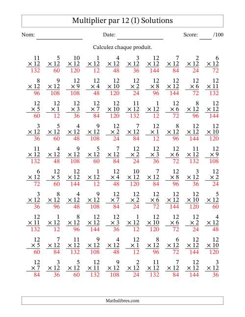 Multiplier (1 à 12) par 12 (100 Questions) (I) page 2