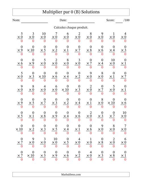 Multiplier (1 à 10) par 0 (100 Questions) (B) page 2