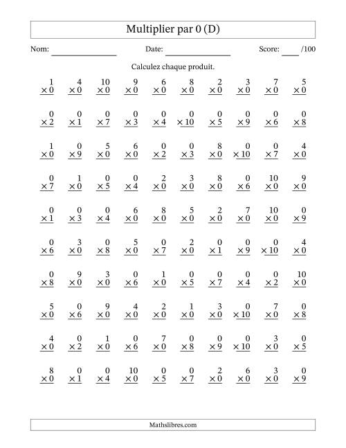 Multiplier (1 à 10) par 0 (100 Questions) (D)