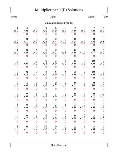Multiplier (1 à 10) par 0 (100 Questions) (D) page 2