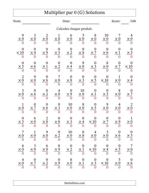 Multiplier (1 à 10) par 0 (100 Questions) (G) page 2