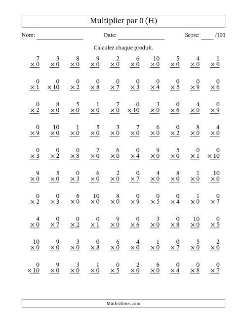 Multiplier (1 à 10) par 0 (100 Questions) (H)