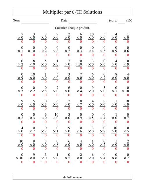 Multiplier (1 à 10) par 0 (100 Questions) (H) page 2