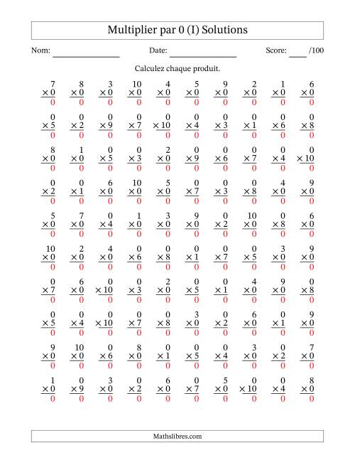 Multiplier (1 à 10) par 0 (100 Questions) (I) page 2