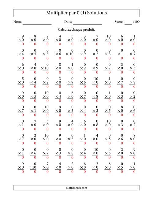 Multiplier (1 à 10) par 0 (100 Questions) (J) page 2