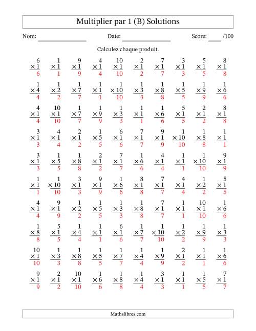 Multiplier (1 à 10) par 1 (100 Questions) (B) page 2