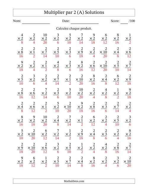 Multiplier (1 à 10) par 2 (100 Questions) (A) page 2