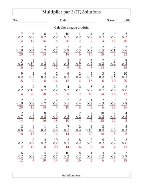Multiplier (1 à 10) par 2 (100 Questions) (H) page 2