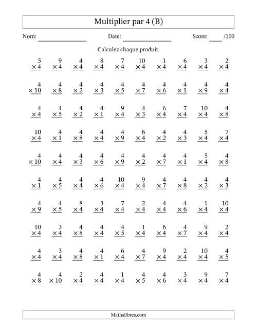 Multiplier (1 à 10) par 4 (100 Questions) (B)