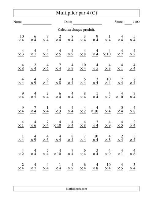 Multiplier (1 à 10) par 4 (100 Questions) (C)