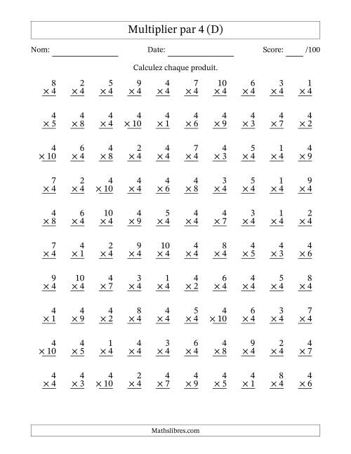 Multiplier (1 à 10) par 4 (100 Questions) (D)