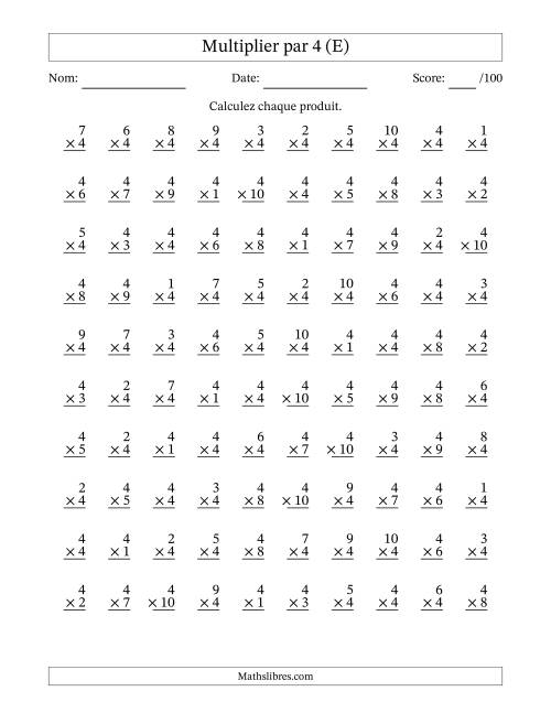 Multiplier (1 à 10) par 4 (100 Questions) (E)