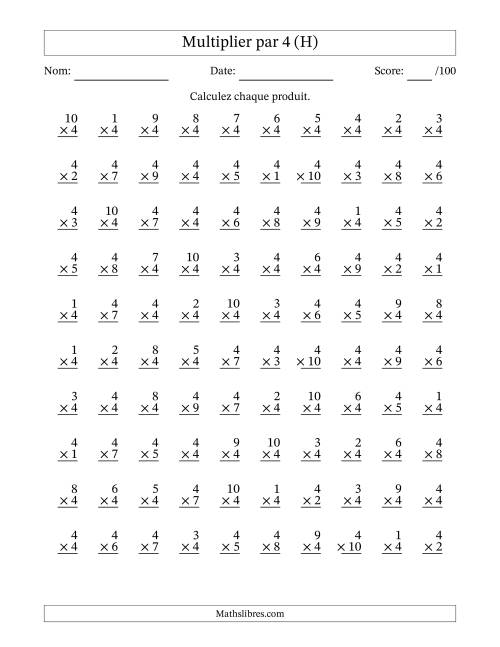 Multiplier (1 à 10) par 4 (100 Questions) (H)