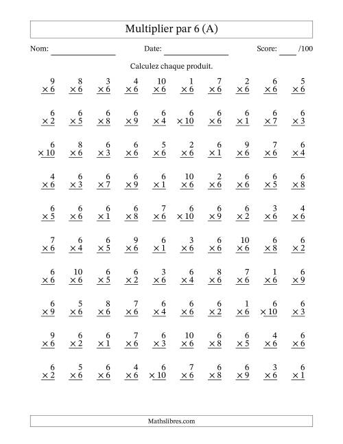 Multiplier (1 à 10) par 6 (100 Questions) (A)