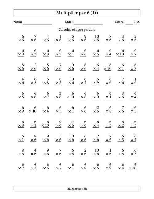 Multiplier (1 à 10) par 6 (100 Questions) (D)