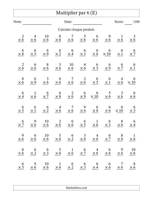 Multiplier (1 à 10) par 6 (100 Questions) (E)