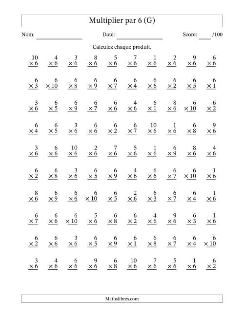 Multiplier (1 à 10) par 6 (100 Questions) (G)