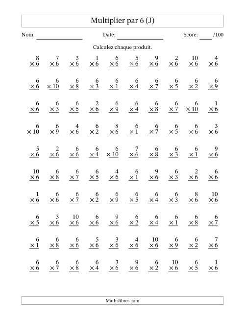 Multiplier (1 à 10) par 6 (100 Questions) (J)