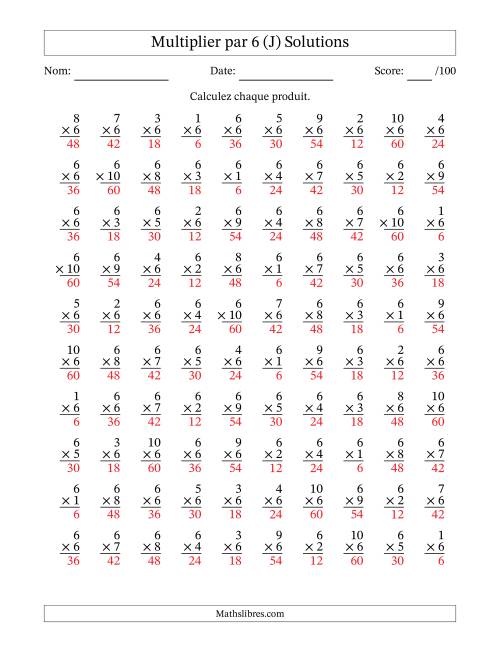 Multiplier (1 à 10) par 6 (100 Questions) (J) page 2