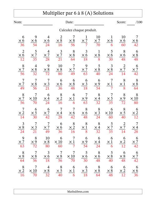 Multiplier (1 à 10) par 6 à 8 (100 Questions) (A) page 2