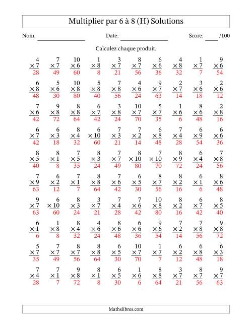 Multiplier (1 à 10) par 6 à 8 (100 Questions) (H) page 2