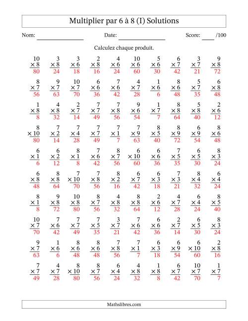 Multiplier (1 à 10) par 6 à 8 (100 Questions) (I) page 2