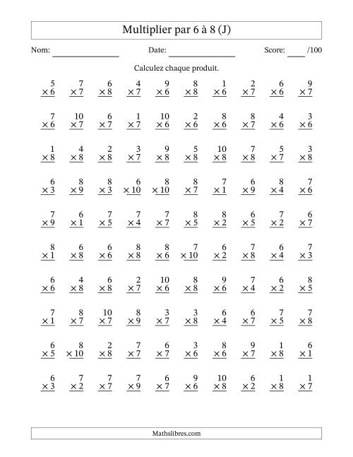 Multiplier (1 à 10) par 6 à 8 (100 Questions) (J)