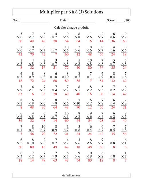 Multiplier (1 à 10) par 6 à 8 (100 Questions) (J) page 2