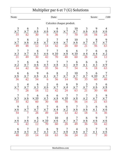 Multiplier (1 à 10) par 6 et 7 (100 Questions) (G) page 2