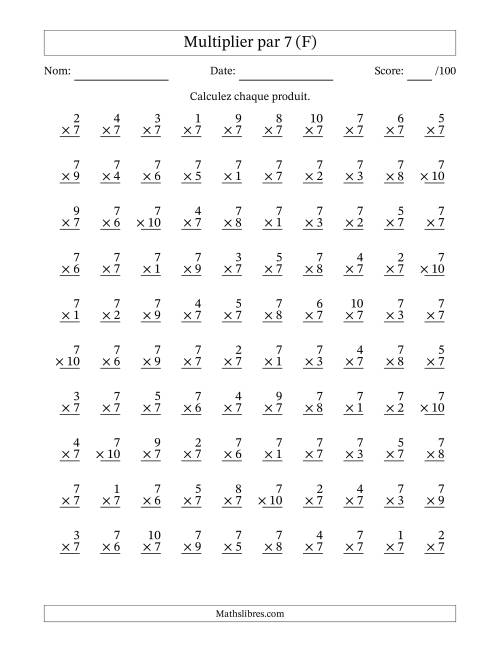 Multiplier (1 à 10) par 7 (100 Questions) (F)