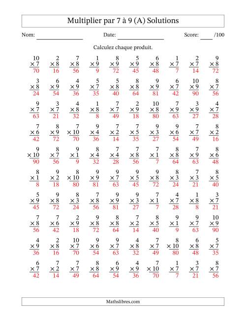 Multiplier (1 à 10) par 7 à 9 (100 Questions) (A) page 2
