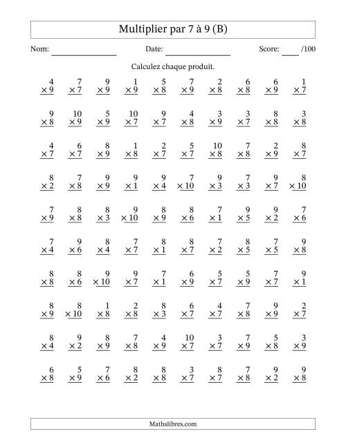Multiplier (1 à 10) par 7 à 9 (100 Questions) (B)